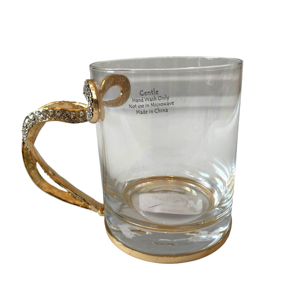 Gold & Rhinestone BOW Handle Glass Mug Coffee Tea Cup Set of 2 Glam Kitchen New - Picture 8 of 16